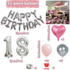 A set of 51-piece silver and pink balloons, including letter balloons and heart shapes, for a birthday decoration.