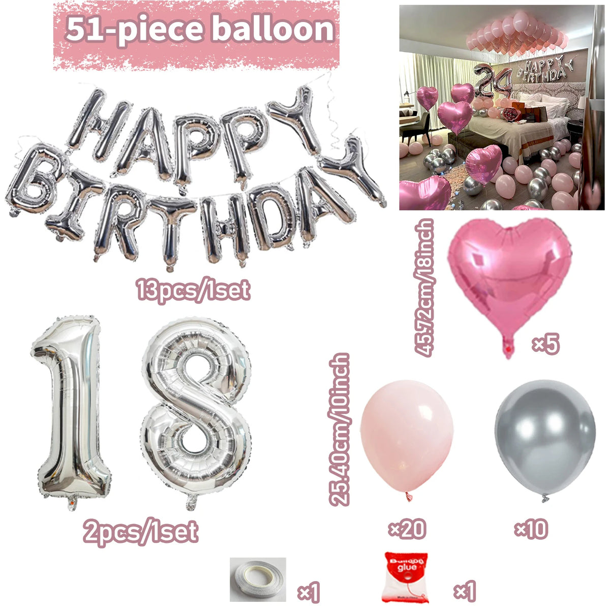 A set of 51-piece silver and pink balloons, including letter balloons and heart shapes, for a birthday decoration.