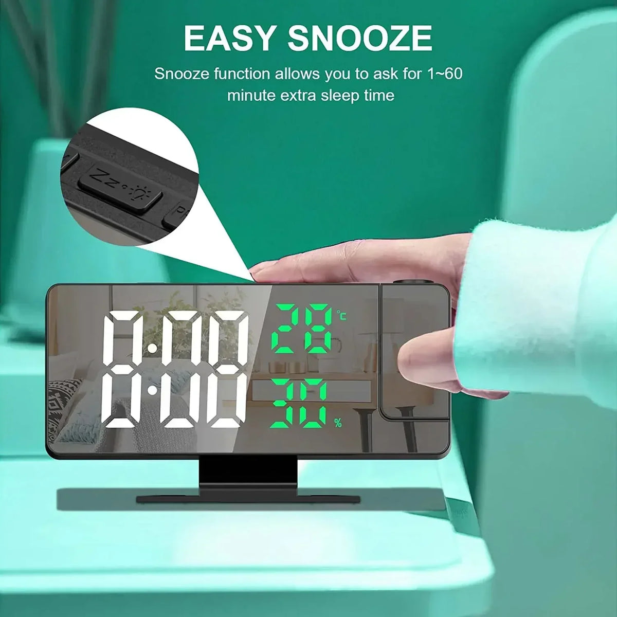 A hand is interacting with an LED digital projection alarm clock displaying time and temperature on a green background.