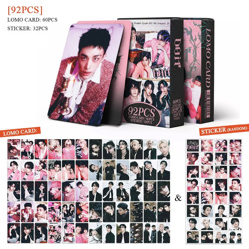 A set of 92 photo cards and stickers for Stray Kids featuring various members in different poses and outfits.
