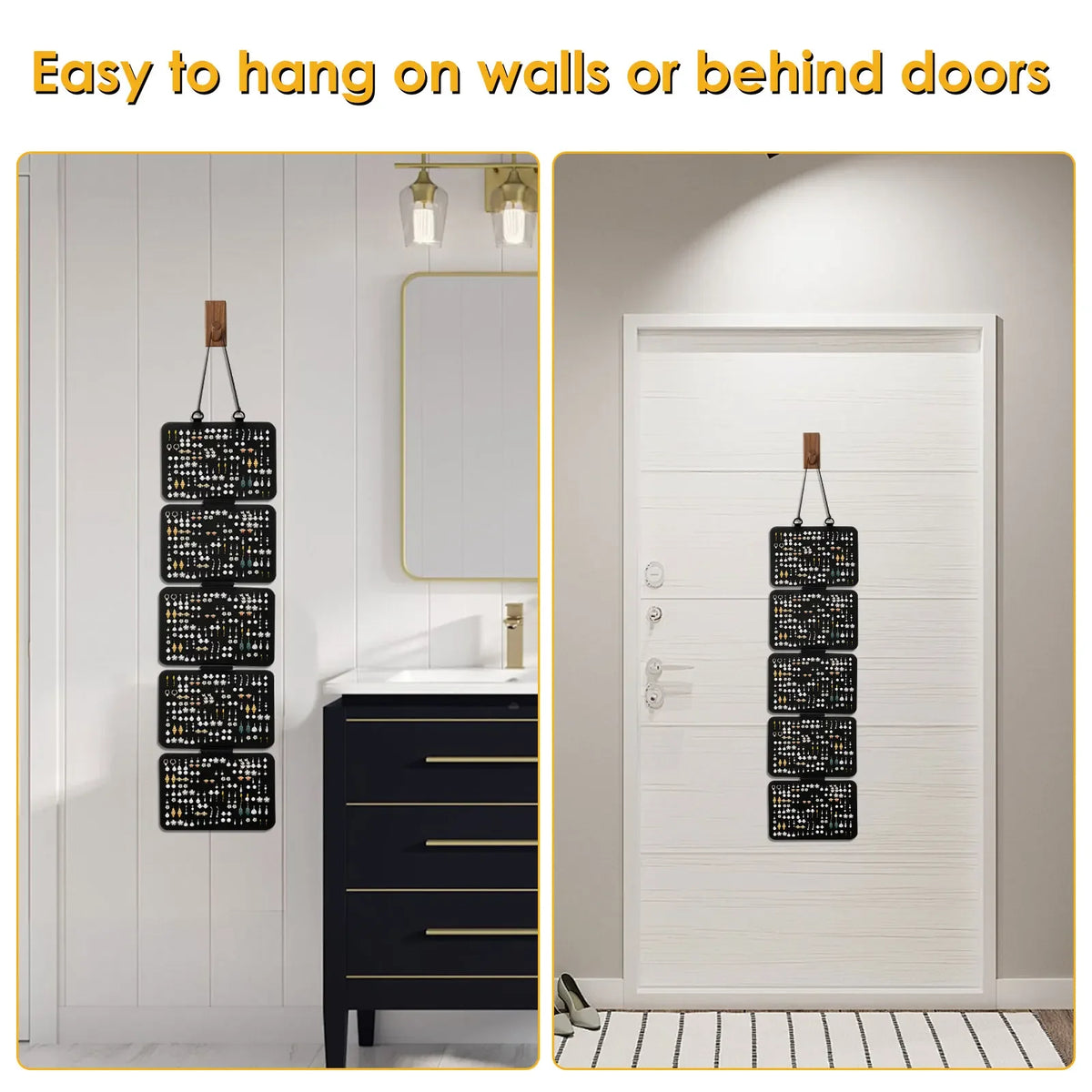 A black felt lapel pin display panel is shown hanging on a white wall and behind a white door.