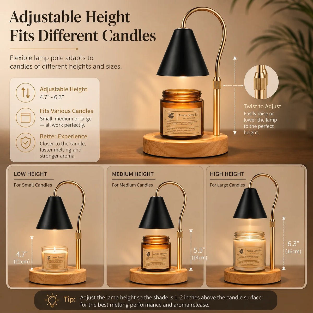 Adjustable height flameless candle warmer lamp with a brass finish and wooden base