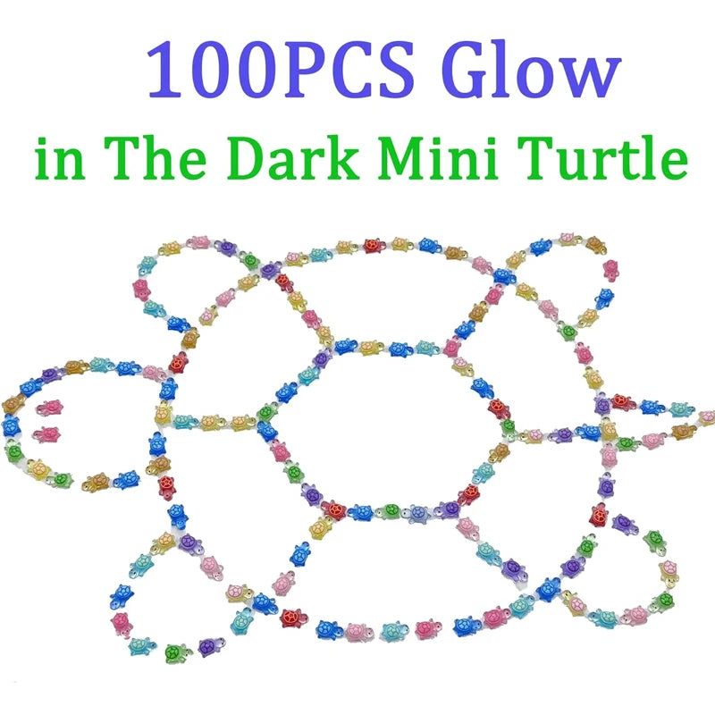 100 pieces of glow-in-the-dark resin turtle figurines in various colors forming a pattern.