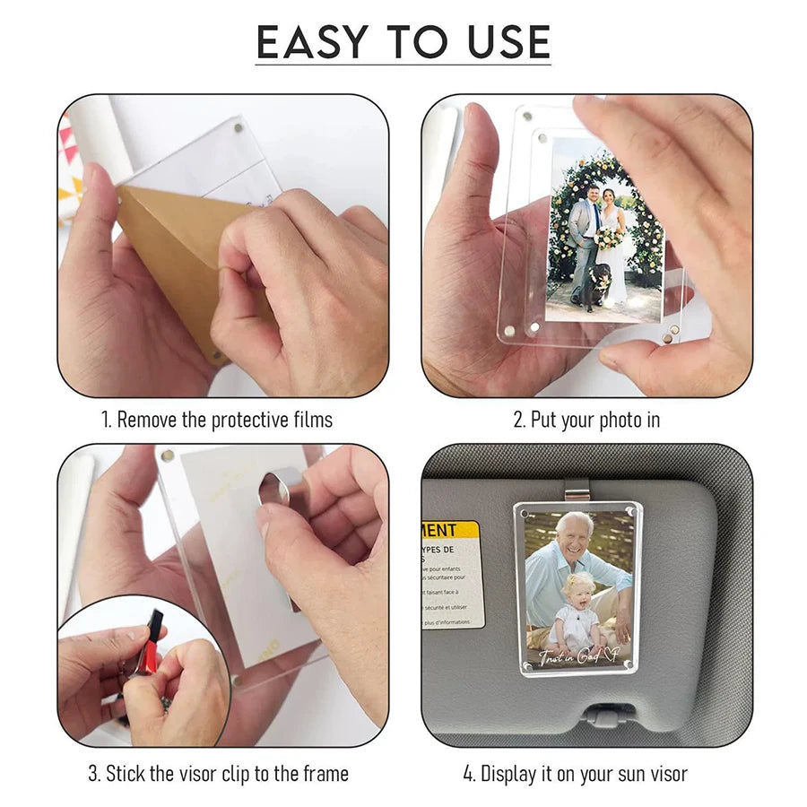 Hands demonstrate how to use a personalized car visor clip decoration by removing films, inserting photos, and displaying the