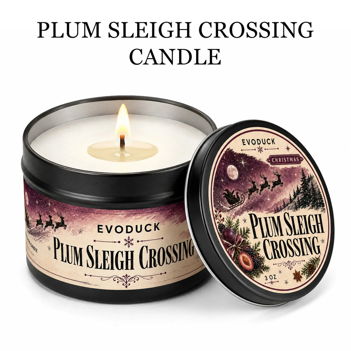 A dark tin candle labeled Plum Sleigh Crossing with a lit wick and an open lid.