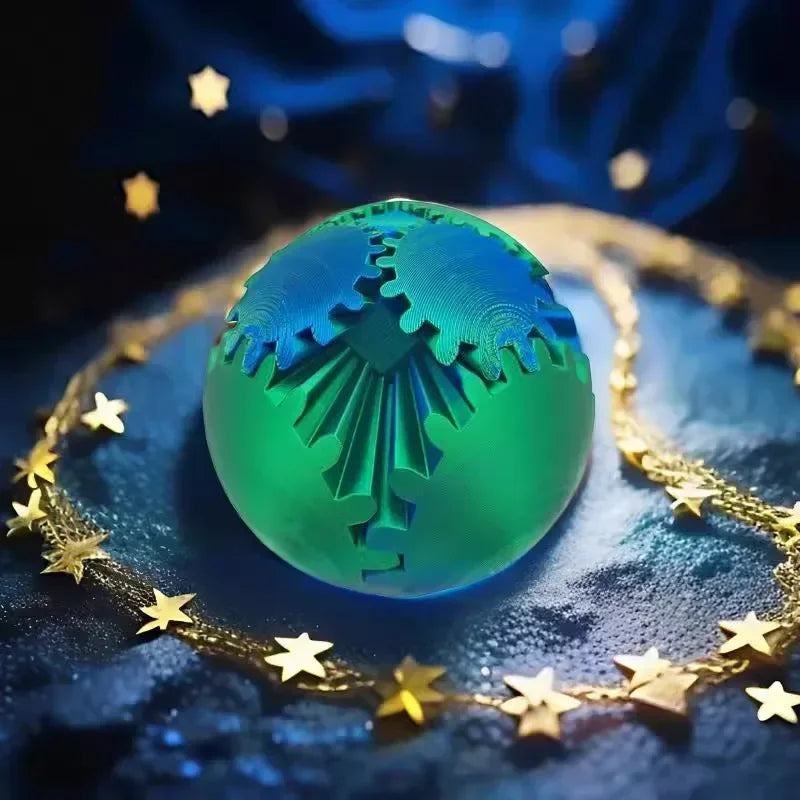 كرة خضراء متوهجة بتصميم ترس ميكانيكي تستقر على سطح داكن محاط بنجوم ذهبية.