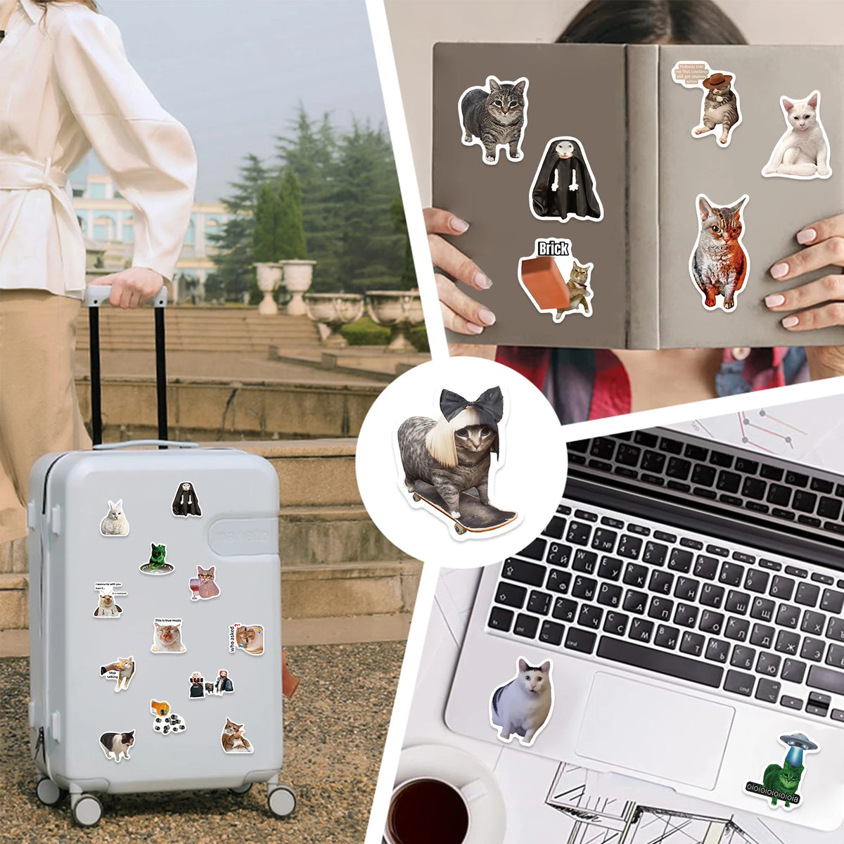 A laptop is shown with various waterproof vinyl decals for personalization stickers on the lid.