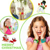 A young girl shows her hands with colorful Christmas cartoon slap bracelets, surrounded by various festive graphics.