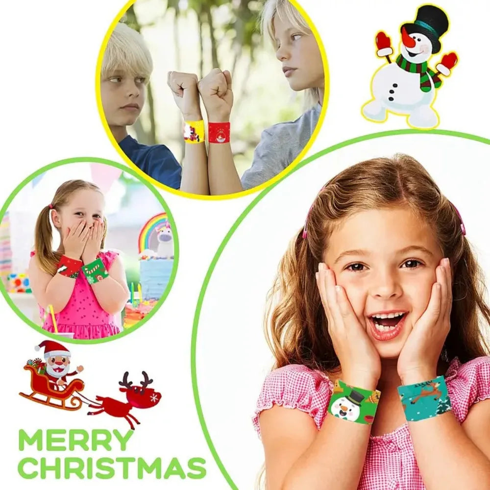 A young girl shows off colorful Christmas cartoon slap bracelets on her wrists.