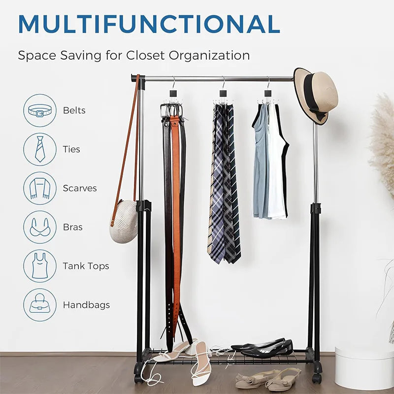 A black multi-functional hanger system with belts, ties, scarves, bras, tank tops, and handbags hanging on a rod.