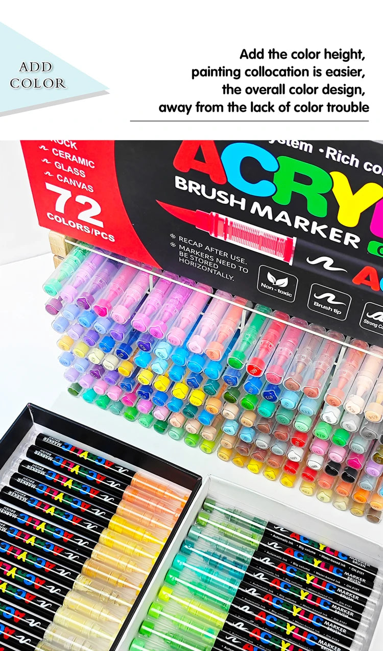 A collection of 36 color acrylic paint markers in various shades and tips displayed in a box.