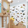 A wooden shelf unit displaying glow-in-the-dark dinosaur wall stickers for kids' rooms.