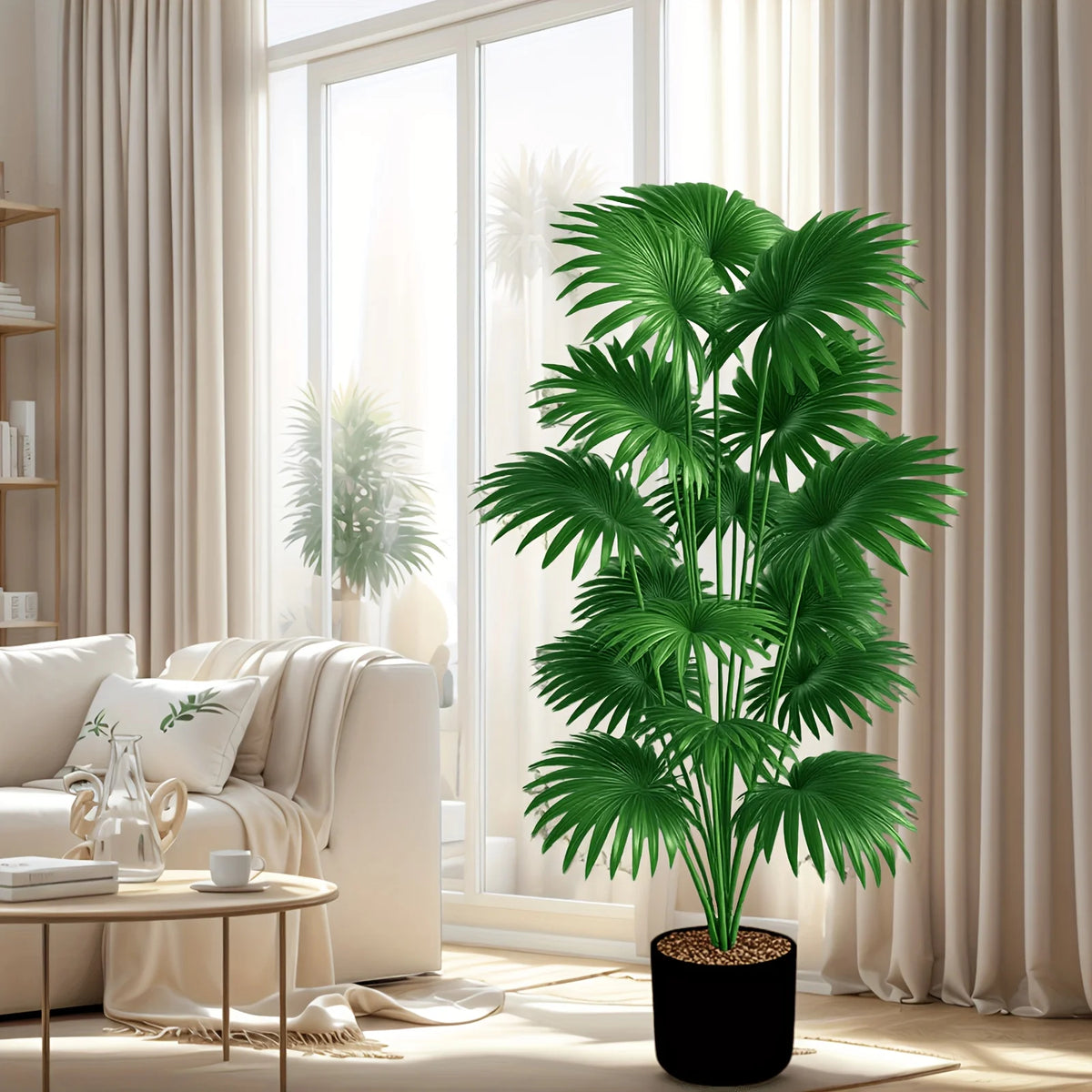 A large artificial palm tree in a black pot placed indoors near a window with sheer curtains.
