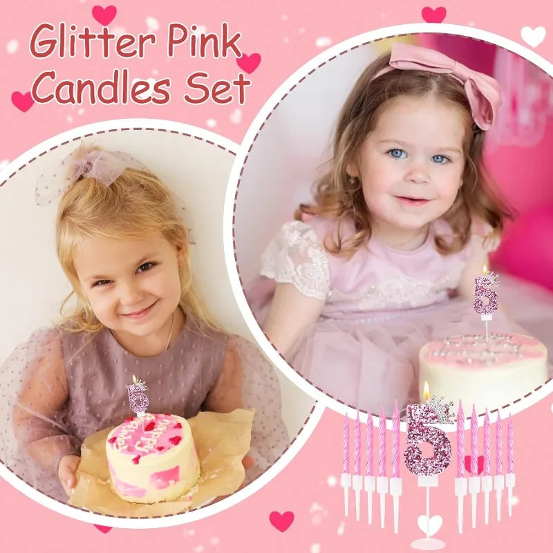 A set of glitter pink birthday candles and a pink crown topper for a child's celebration.