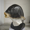 A realistic latex mask of a fish head with a large mouth and fins, displayed on a black stand.
