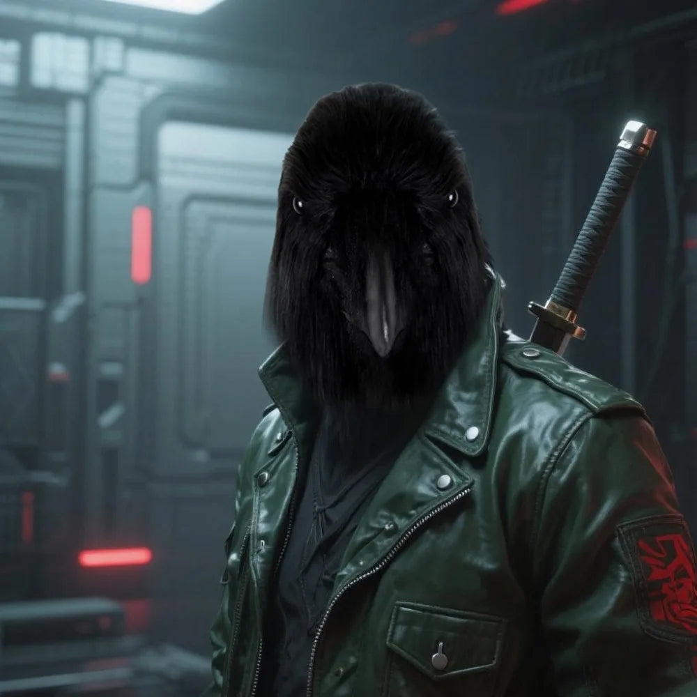 A person wearing a dark leather jacket and a black latex full head mask with a sword visible.