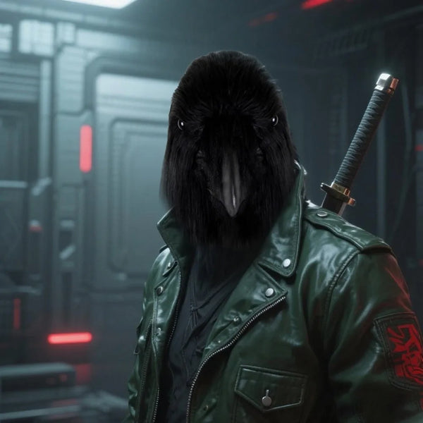 A person wearing a dark leather jacket and a black latex full head mask with a sword visible.