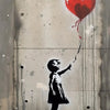 Banksy style wall art featuring a red heart and a silhouette of a child on a concrete surface