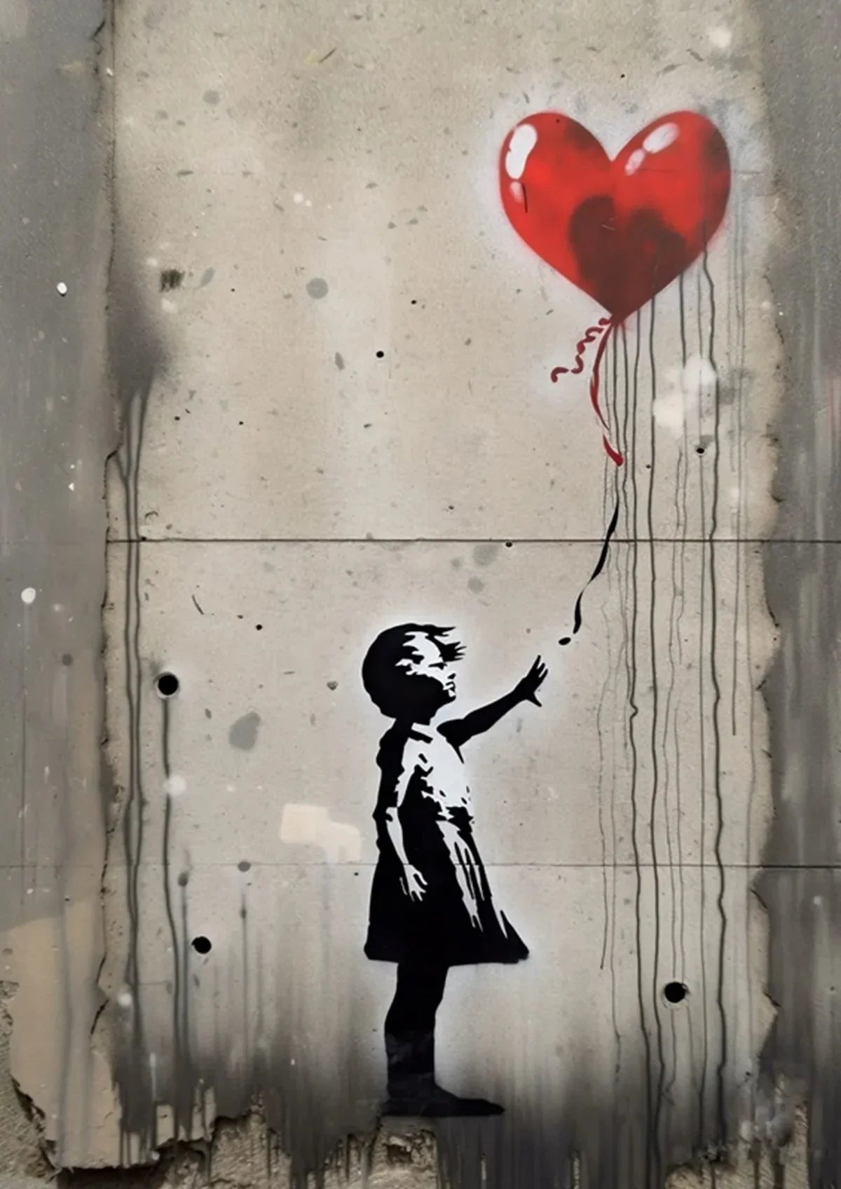 Banksy style wall art featuring a red heart and a silhouette of a child on a concrete surface