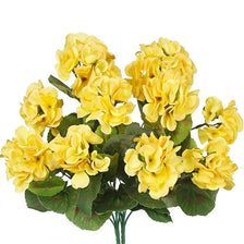 A bouquet of yellow silk faux geranium flowers for indoor and outdoor decoration.