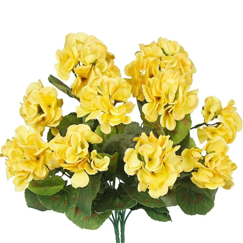 A bouquet of yellow silk faux geranium flowers for indoor and outdoor decoration.