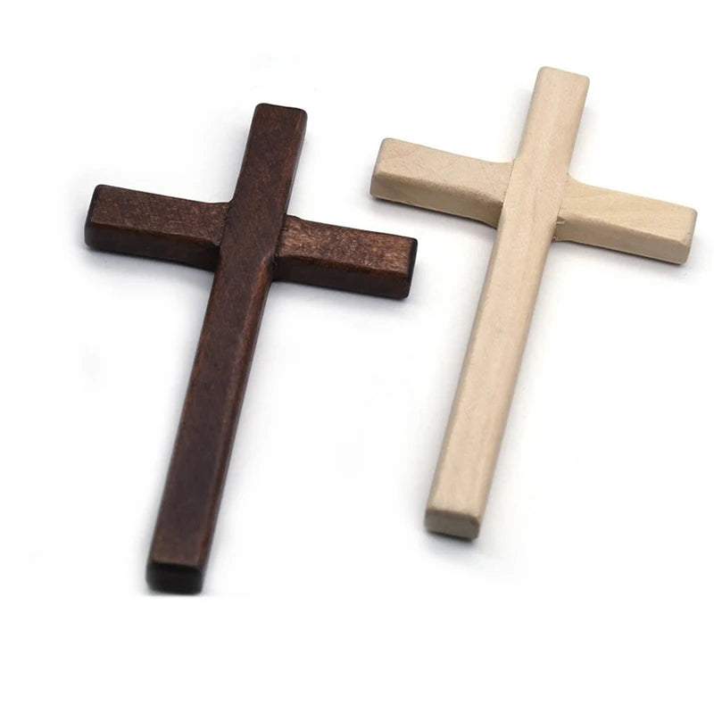 Handcrafted wooden wall cross with a two-tone finish, featuring dark brown and light wood tones.