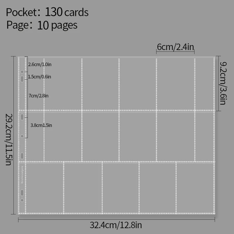 A diagram showing the layout of a large capacity grid binder with 130 pockets across 10 pages.