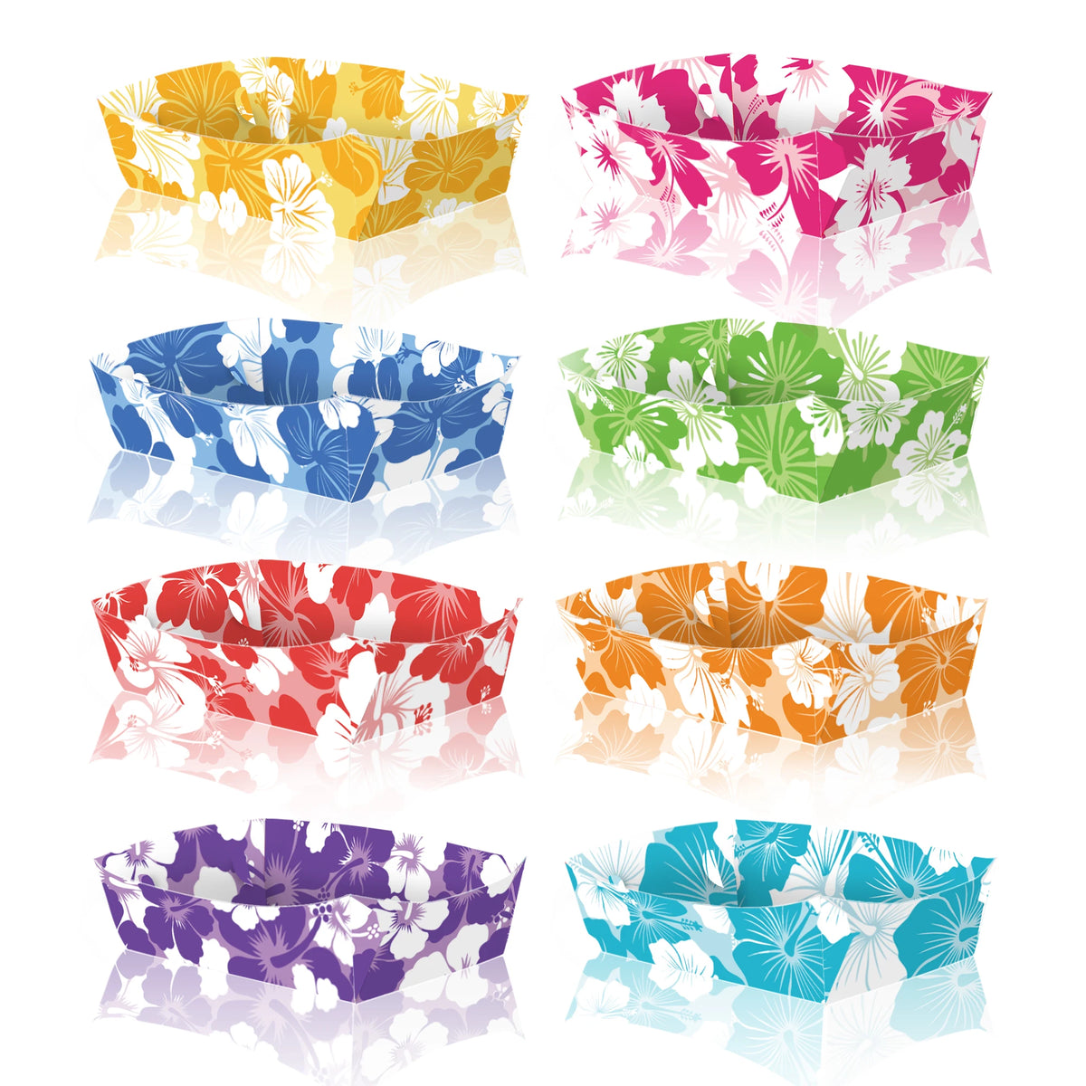 A set of colorful Hawaiian luau party sunglasses and table mats featuring floral patterns in yellow, pink, green, red, and pu