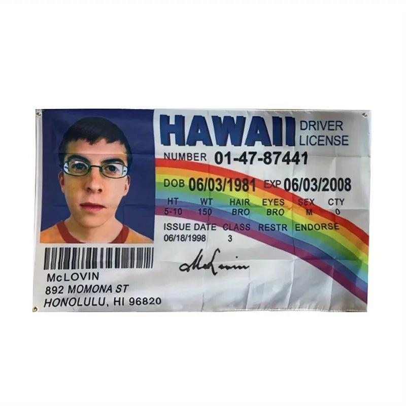 Flagge eines hawaiianischen Führerscheins mit persönlichen Informationen und einem Regenbogen-Farbverlauf im Hintergrund.