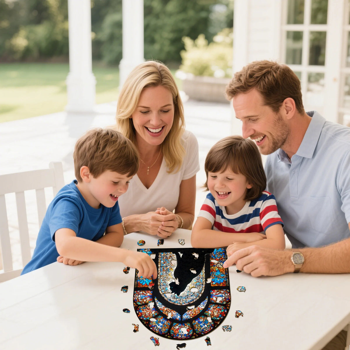 A family is assembling a cat-shaped wooden jigsaw puzzle on a white table.