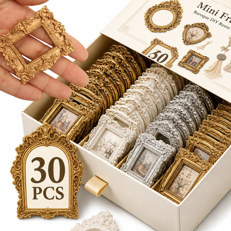 A box of vintage gold and silver resin picture frames for DIY crafts and decor with a hand holding one frame