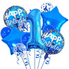 A set of navy and gold foil balloons shaped like the number one and a star for a birthday celebration