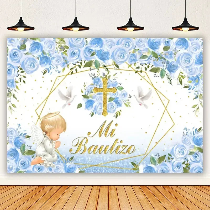 A white photography backdrop featuring blue roses, gold accents, and a golden cross for a First Communion theme.