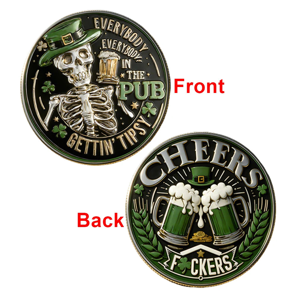 A commemorative coin featuring a skull and a beer mug design with text on the front and a laurel wreath design on the back.