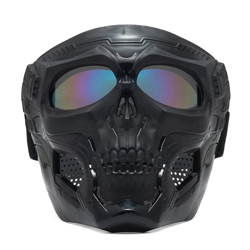 Masque de cosplay crâne noir coupe-vent intégral avec un viseur brillant et réfléchissant