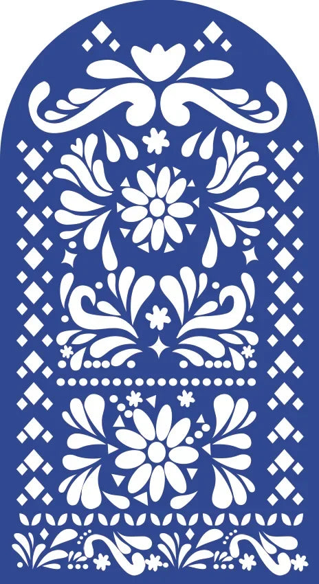 Blue and white floral pattern design for a festival style elastic backdrop