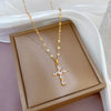 Gold Stainless Steel Crystal Cross Pendant Necklace