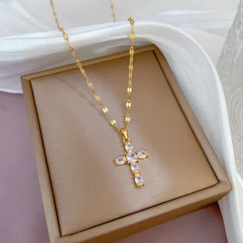 Gold Stainless Steel Crystal Cross Pendant Necklace