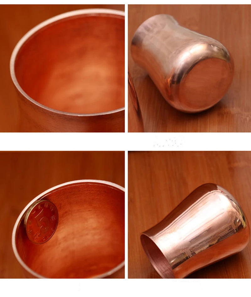 A set of handcrafted pure copper vintage mugs showing the interior and exterior of the mugs.