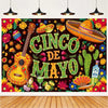A vibrant Mexican fiesta photo backdrop featuring a sombrero, guitar, and cactus design on a dark background.