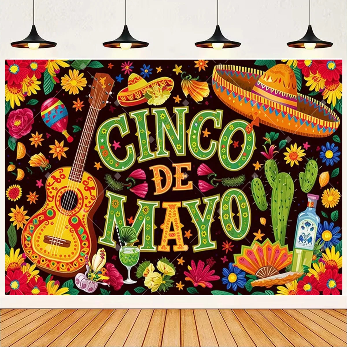 A vibrant Mexican fiesta photo backdrop featuring a sombrero, guitar, and cactus design on a dark background.