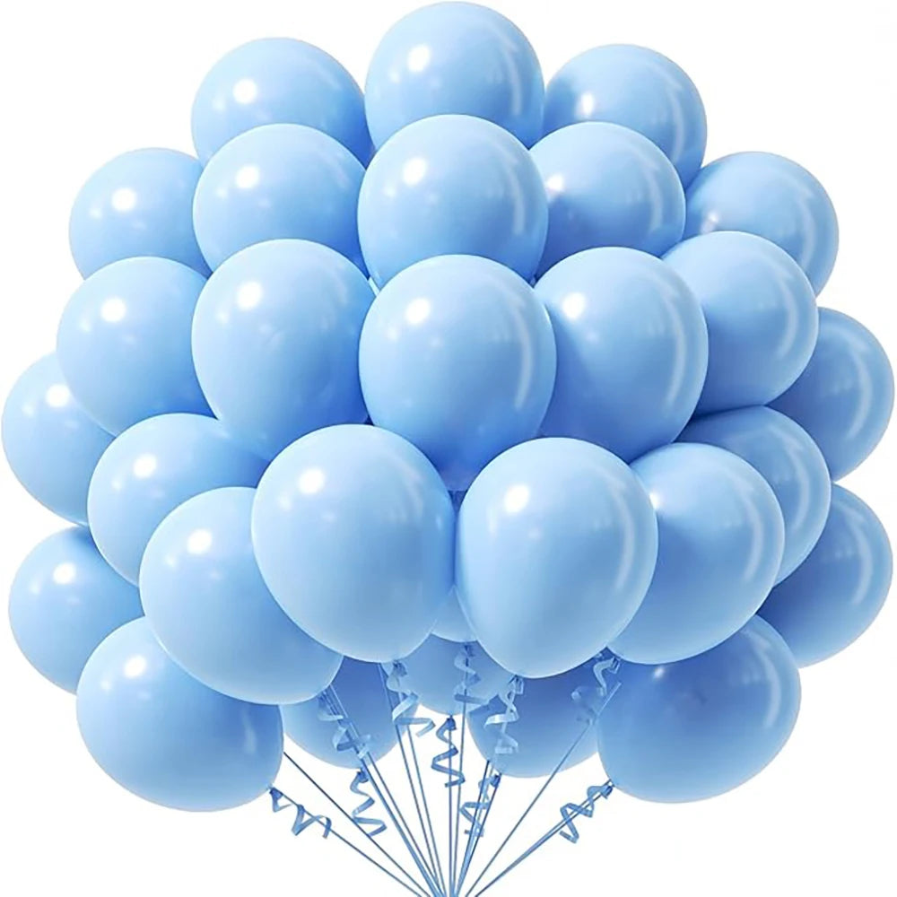 A bouquet of light blue pastel latex balloons tied together for party decorations