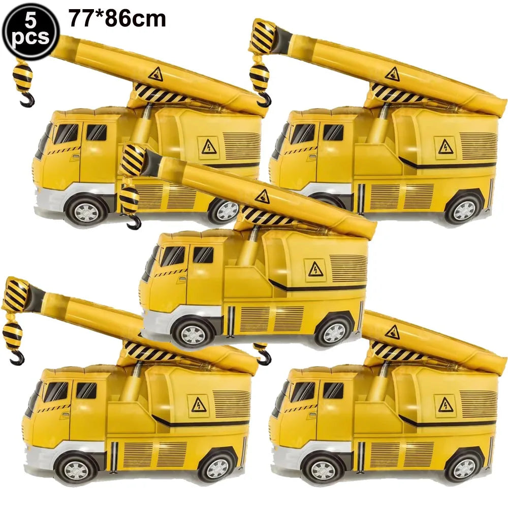 Five yellow construction truck foil balloons for birthday party decor