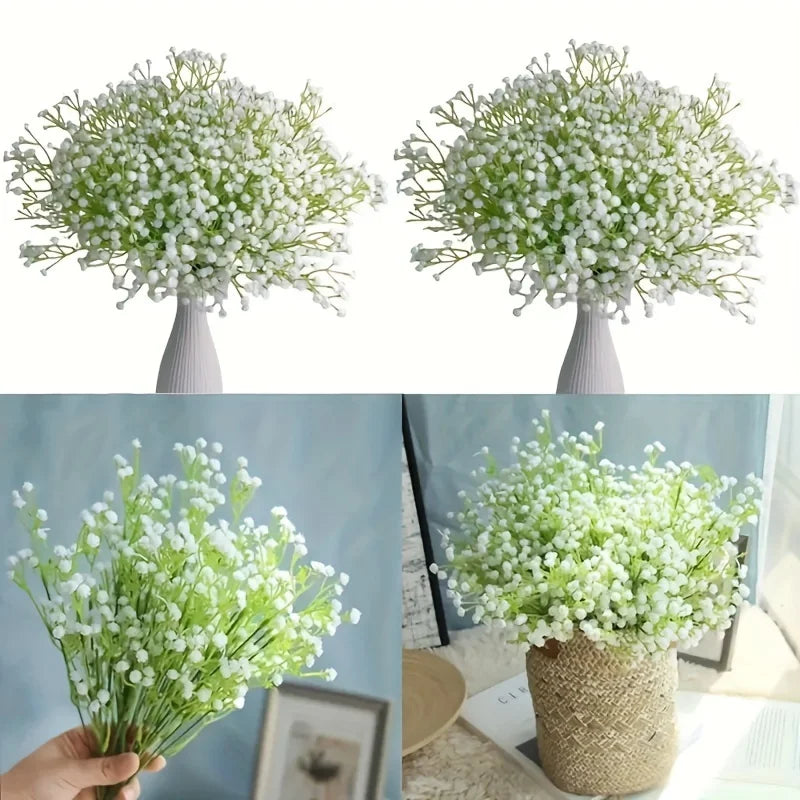 A bouquet of white baby's breath flowers in a vase, shown from multiple angles.