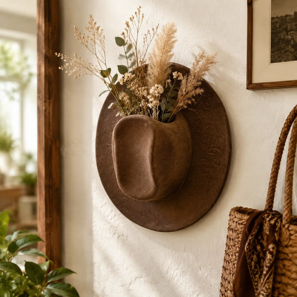 A rustic denim wall vase holder with a boho resin design holding dried floral arrangements on a white wall.