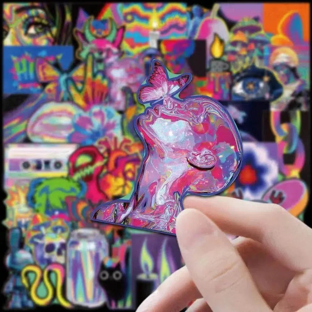 A hand holds a holographic, iridescent sticker featuring a stylized face amidst a vibrant vaporwave background.