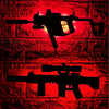 A red silhouette of a gun-shaped light fixture mounted on a brick wall.