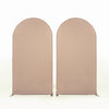 Two beige stretchable arch backdrop covers standing upright.