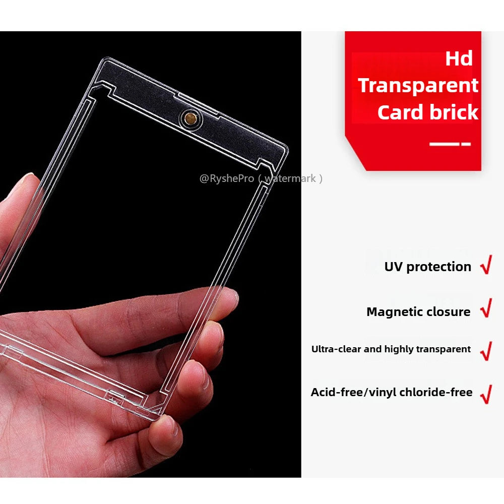 A hand holds a clear acrylic card brick designed for magnetic closure and UV protection.