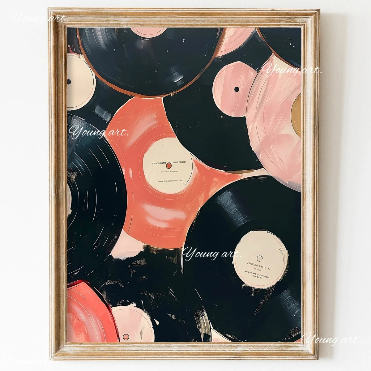 A framed canvas art print featuring overlapping vinyl records in shades of black, pink, and beige.